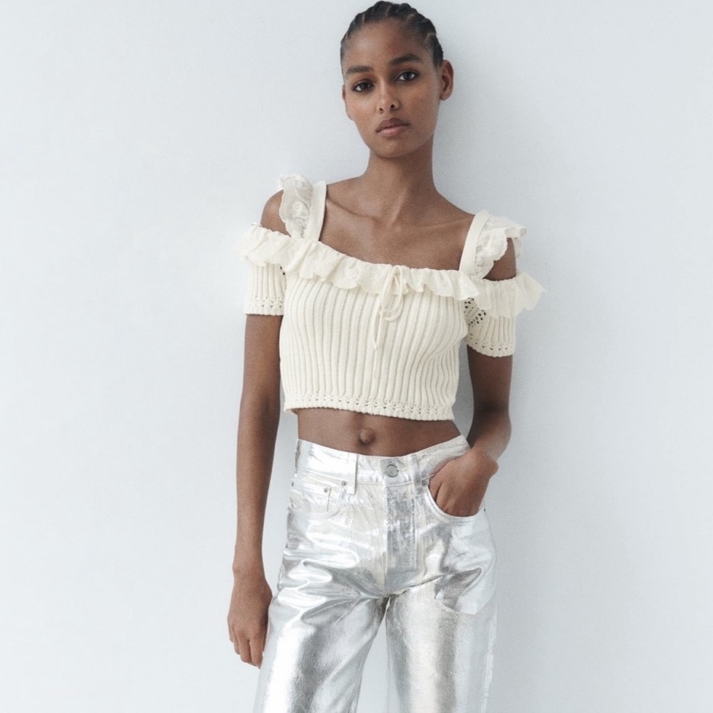 Zara Cream Ruffle Embroidered Crop Top